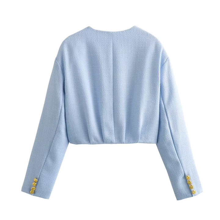Damen kurz geschnittene Bouclé-Jacke mit Rundhalsausschnitt, durchgehender Knopfleiste und goldfarbenen Zierknöpfen – Célinea