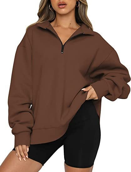 Damen oversized Sweatshirt mit halbem Reißverschluss, weichem Fleece-Innenfutter und Kängurutasche – Avérine