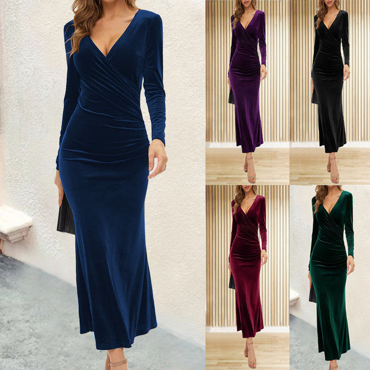 Damen Figurbetontes Samt-Maxikleid mit Wickeloberteil und langen Ärmeln Echoarchiv