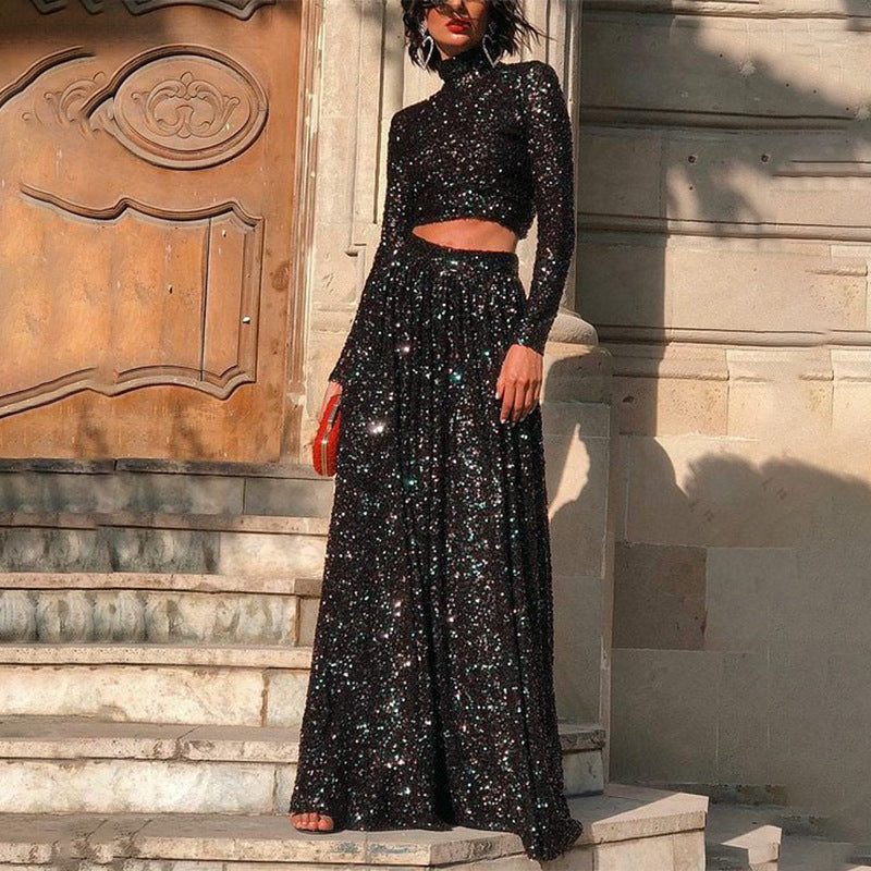 Damen nan zweiteiliges Pailletten-Abendset mit hochgeschlossenem Crop-Top und fließendem Maxirock Echo Archiv