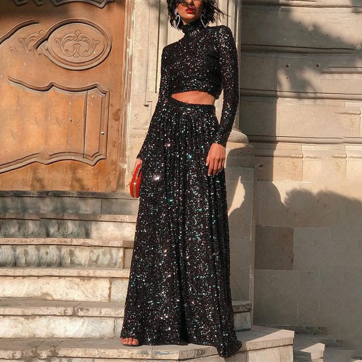 Damen nan zweiteiliges Pailletten-Abendset mit hochgeschlossenem Crop-Top und fließendem Maxirock Echo Archiv