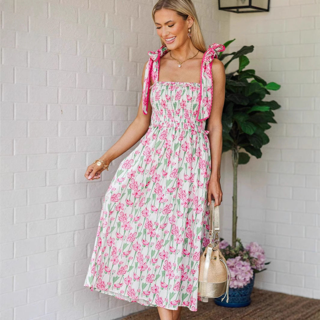 Damen Sommerkleid mit Raffung und schulterlangen Bindebändern Echo Archiv