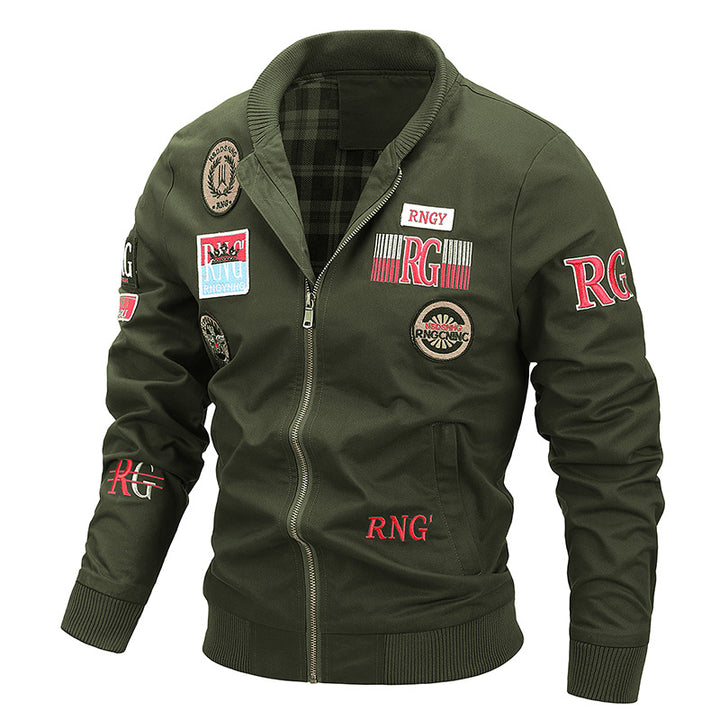 Herren Kanvas‑Bomberjacke mit Vintage‑Patchdetails und gerippten Bündchen Echo Archiv