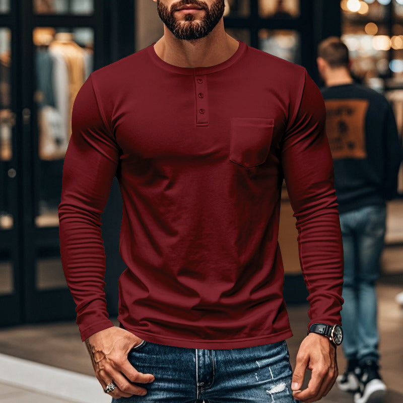 Herren langärmliges Henley-Shirt mit strukturierter Baumwolloberfläche und Brusttasche Echoarchiv