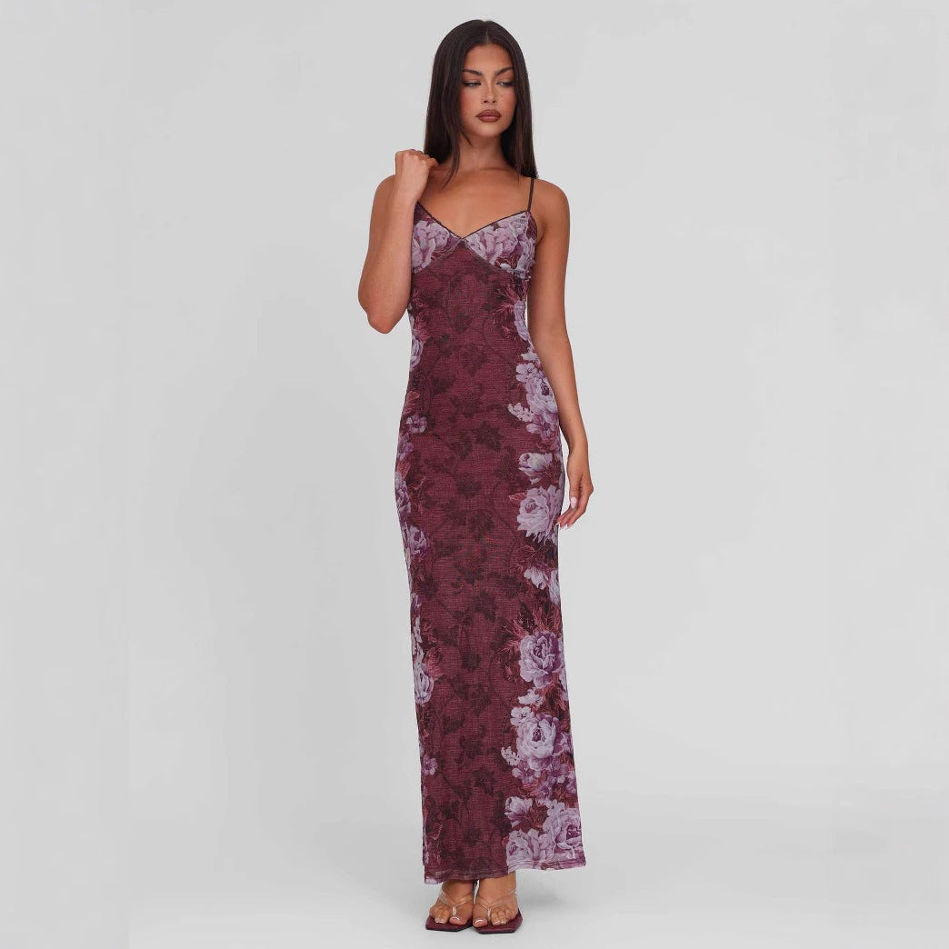 Damen nan figurbetontes Slip-Maxikleid mit Spaghettiträgern, Miedernaht und floral-barockem Digitaldruck Echo Archiv