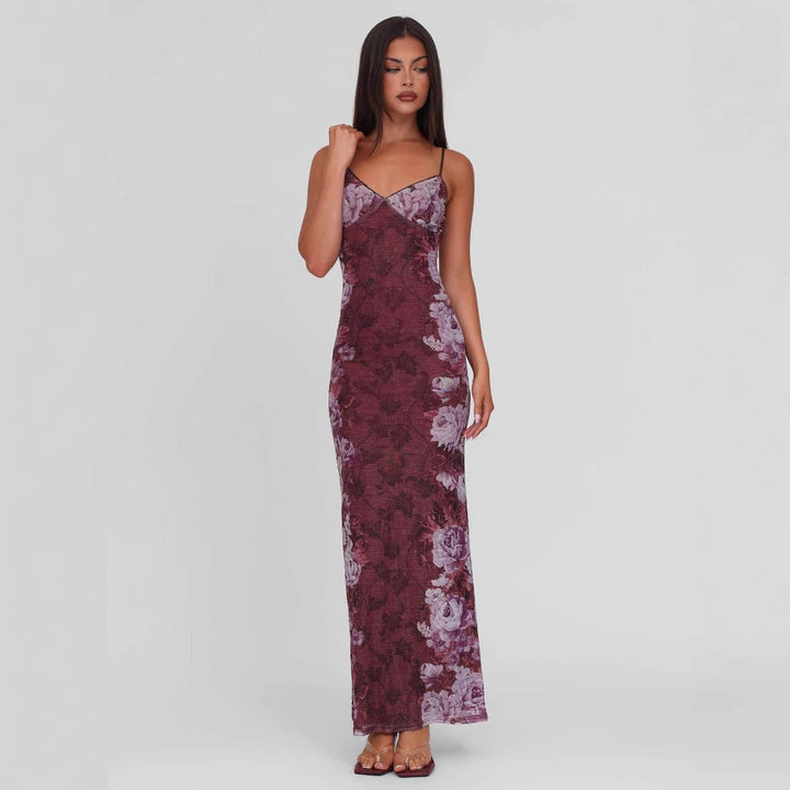 Damen nan figurbetontes Slip-Maxikleid mit Spaghettiträgern, Miedernaht und floral-barockem Digitaldruck Echo Archiv