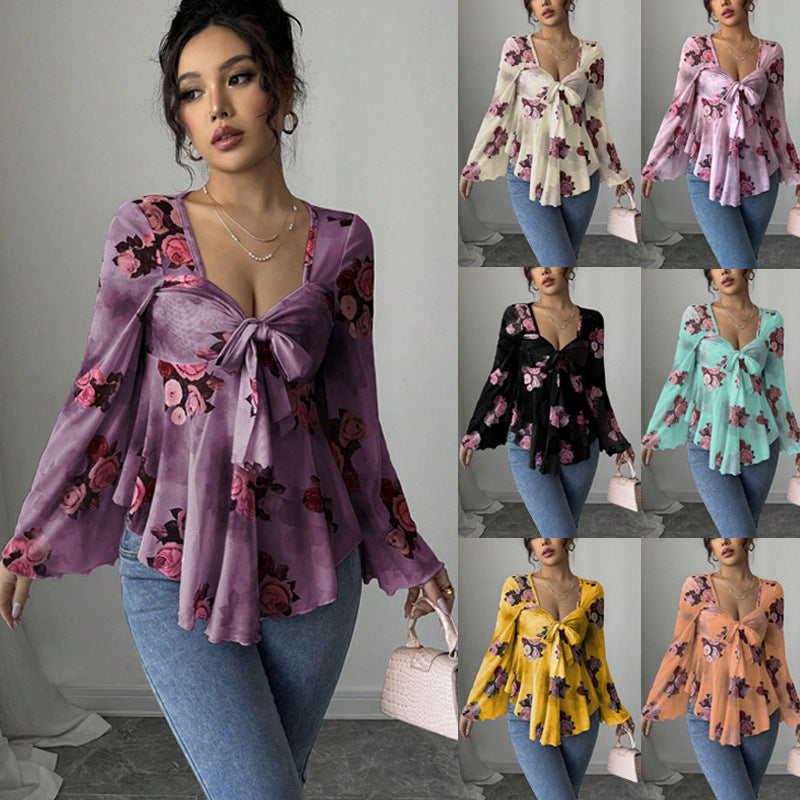 Damen Transparente Chiffon-Babydoll-Bluse mit Knotenfront und floralem Allover-Print Echo Archiv
