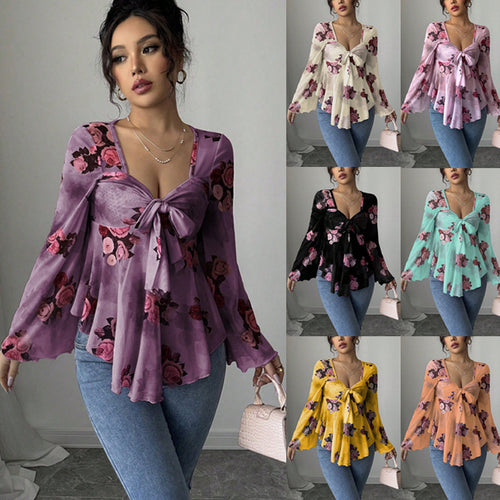 Damen Transparente Chiffon-Babydoll-Bluse mit Knotenfront und floralem Allover-Print Echo Archiv