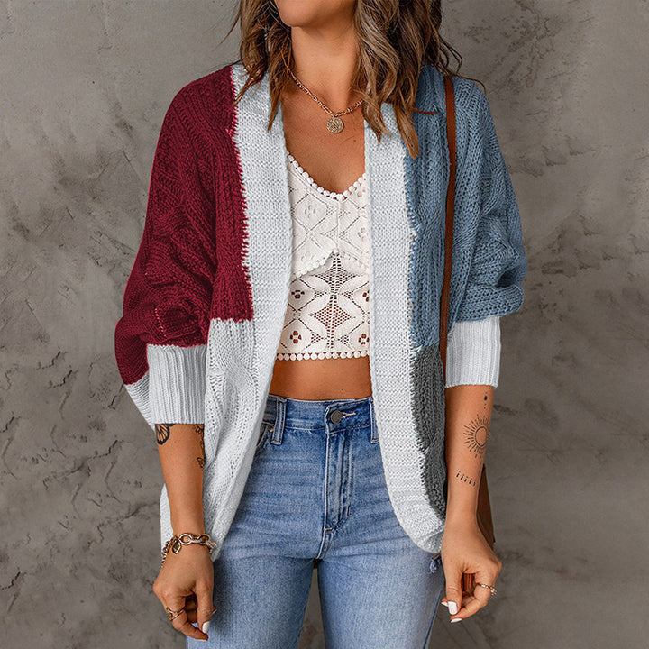 Damen nan lässige Strickjacke im Patchwork-Stil mit offener Front und 3/4-Ärmeln Echo Archiv