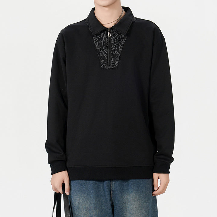 Herren Lockeres Sweatshirt mit Polokragen, halbem Reißverschluss und Paisley-Besatz Echo Archiv