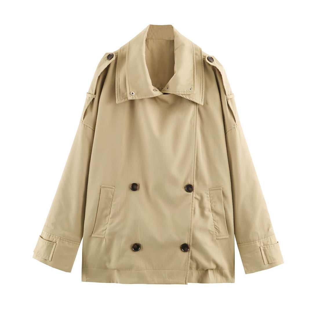 Damen Kurztrenchjacke im Oversize-Schnitt mit doppelter Knopfreihe und Schulterriegeln Echoarchiv