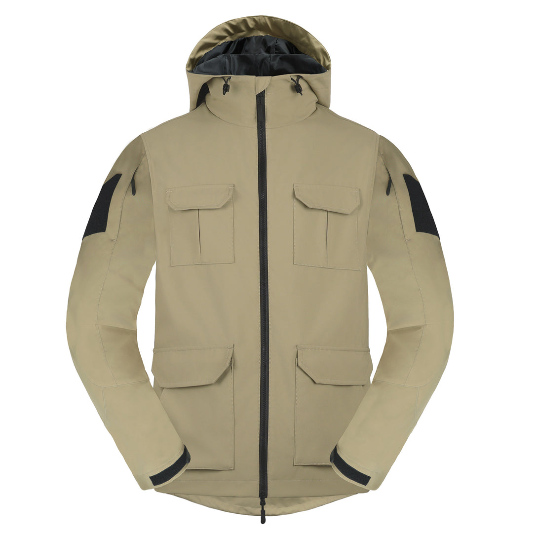 Men's weatherproof hooded utility parka with flap chest pockets and sleeve patch panels – Cavarno