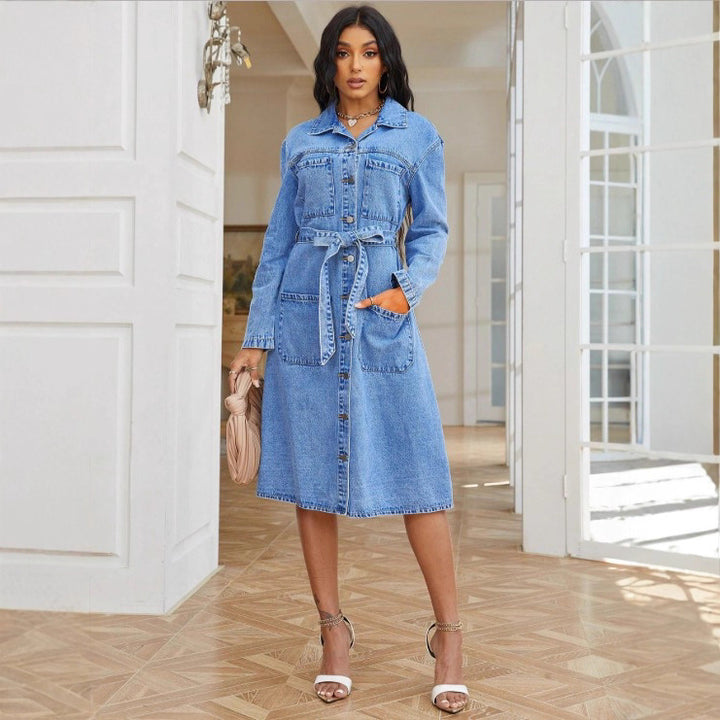Damen Midikleid aus Denim mit Taillengürtel und durchgehender Knopfleiste Echo Archiv