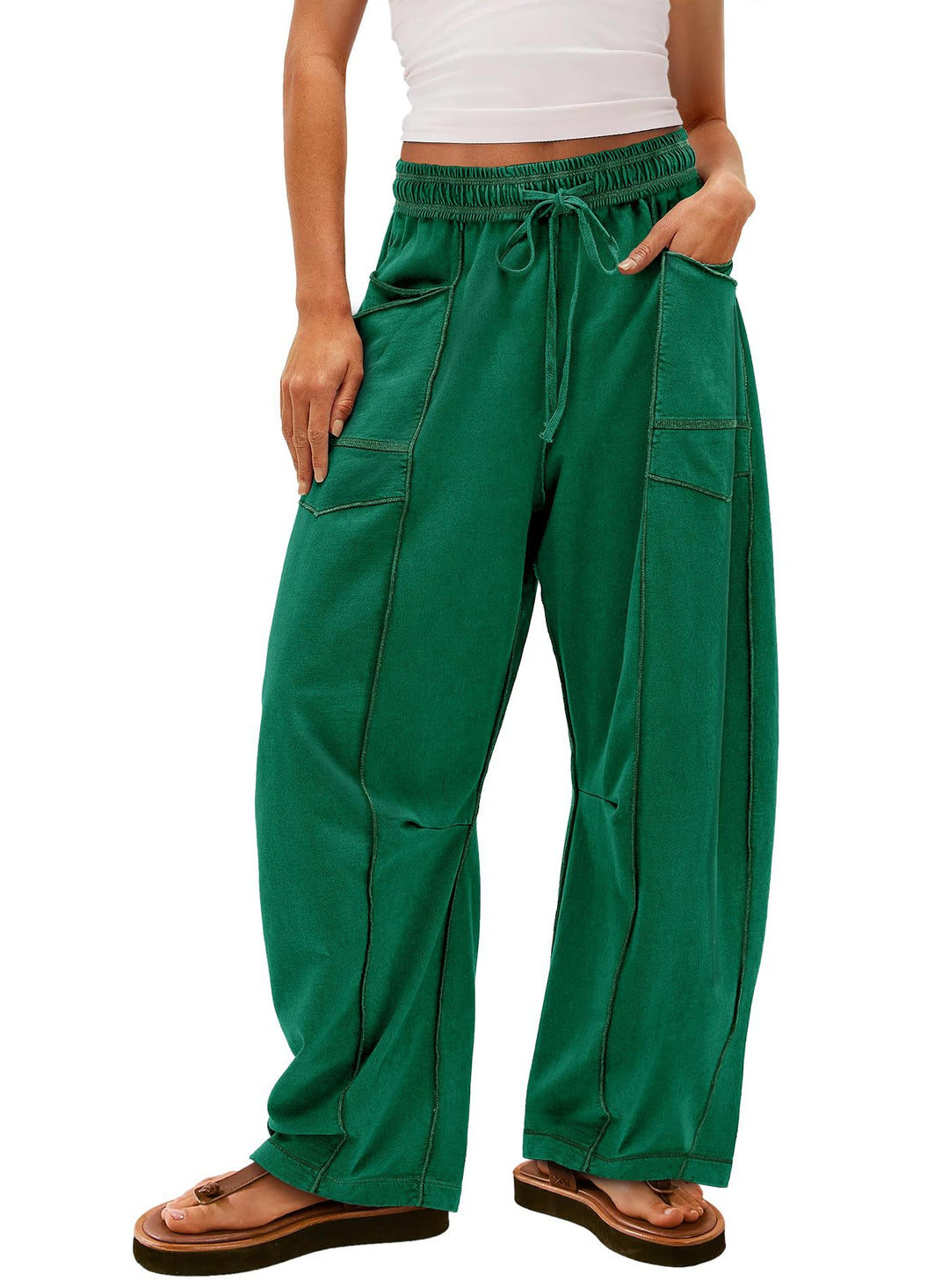 Damen weite Cargo-Loungehose mit elastischem Bund und Kontrastnähten – Avérine