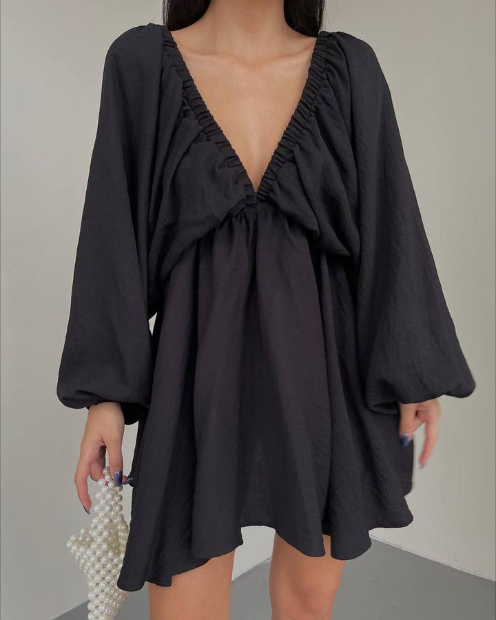 Damen Lockeres Minikleid mit tiefem V-Ausschnitt und Ballonärmeln Echoarchiv