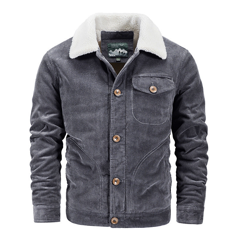 Herren Cord-Truckerjacke mit wärmendem Sherpa-Kragen und Holzknopffront – Taviero