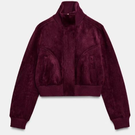 Damen Kurze Veloursleder-Bomberjacke mit hohem Rippenkragen, elastischem Saum und Eingrifftaschen Echo Archiv
