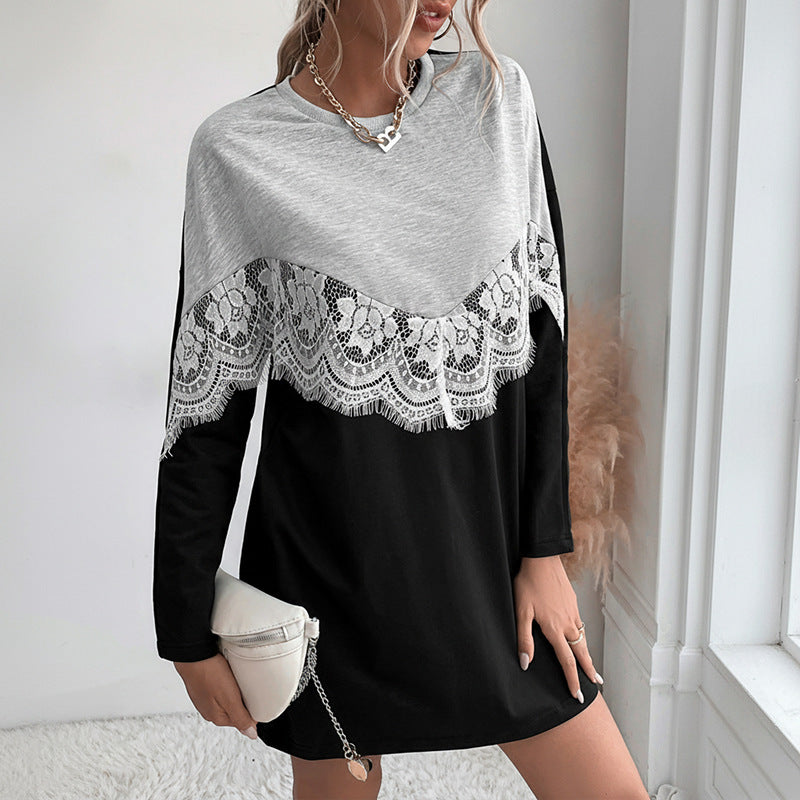 Damen Sweatkleid im Colorblock‑Stil mit Spitzen‑V‑Passe und gerundetem Saum Echoarchiv