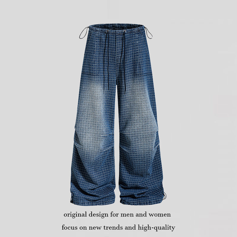 Damen Weite High‑Waist Culotte-Jeans mit Kordelzug, Karomuster und verstellbarem Saum Echoarchiv