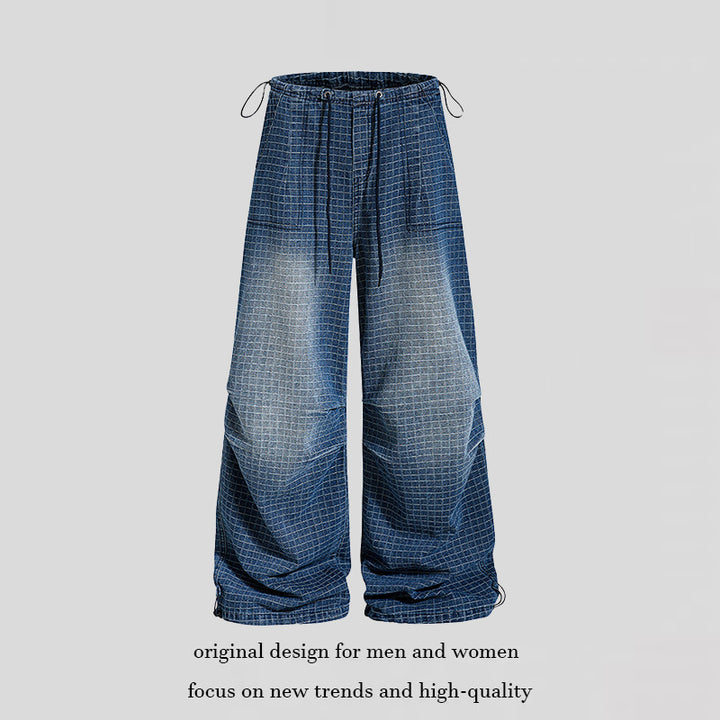 Damen Weite High‑Waist Culotte-Jeans mit Kordelzug, Karomuster und verstellbarem Saum Echoarchiv