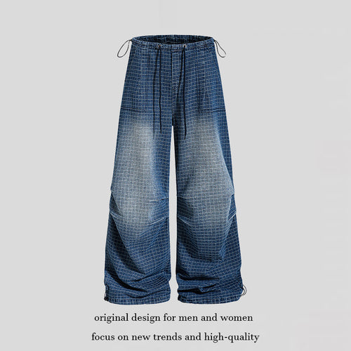 Damen Weite High‑Waist Culotte-Jeans mit Kordelzug, Karomuster und verstellbarem Saum Echoarchiv