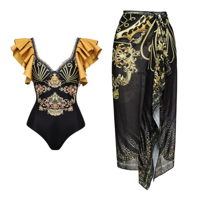 Damen Einteiler Badeanzug mit elegantem Design und passendem Wickeltuch Echo Archiv