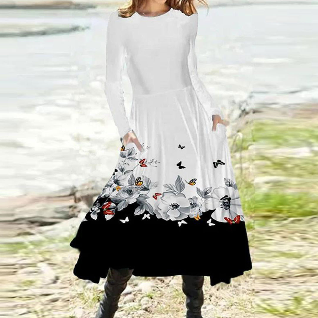 Damen nan fließendes Maxikleid mit Batikkreis-Muster, Rundhalsausschnitt, Taillennaht und Eingrifftaschen Echo Archiv