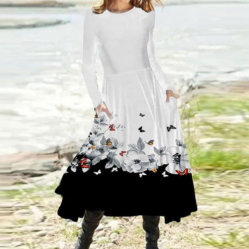 Damen nan fließendes Maxikleid mit Batikkreis-Muster, Rundhalsausschnitt, Taillennaht und Eingrifftaschen Echo Archiv