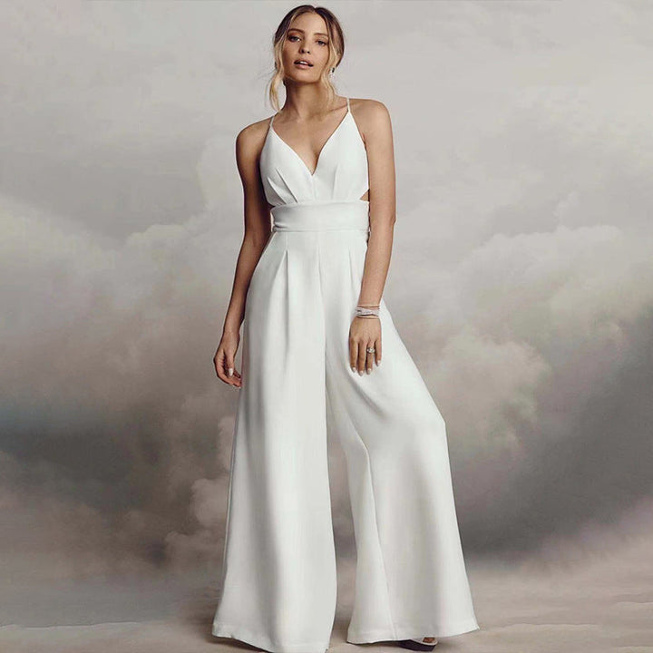 Damen Jumpsuit mit Elegantem V-Ausschnitt und Fließendem Bein Echoarchiv