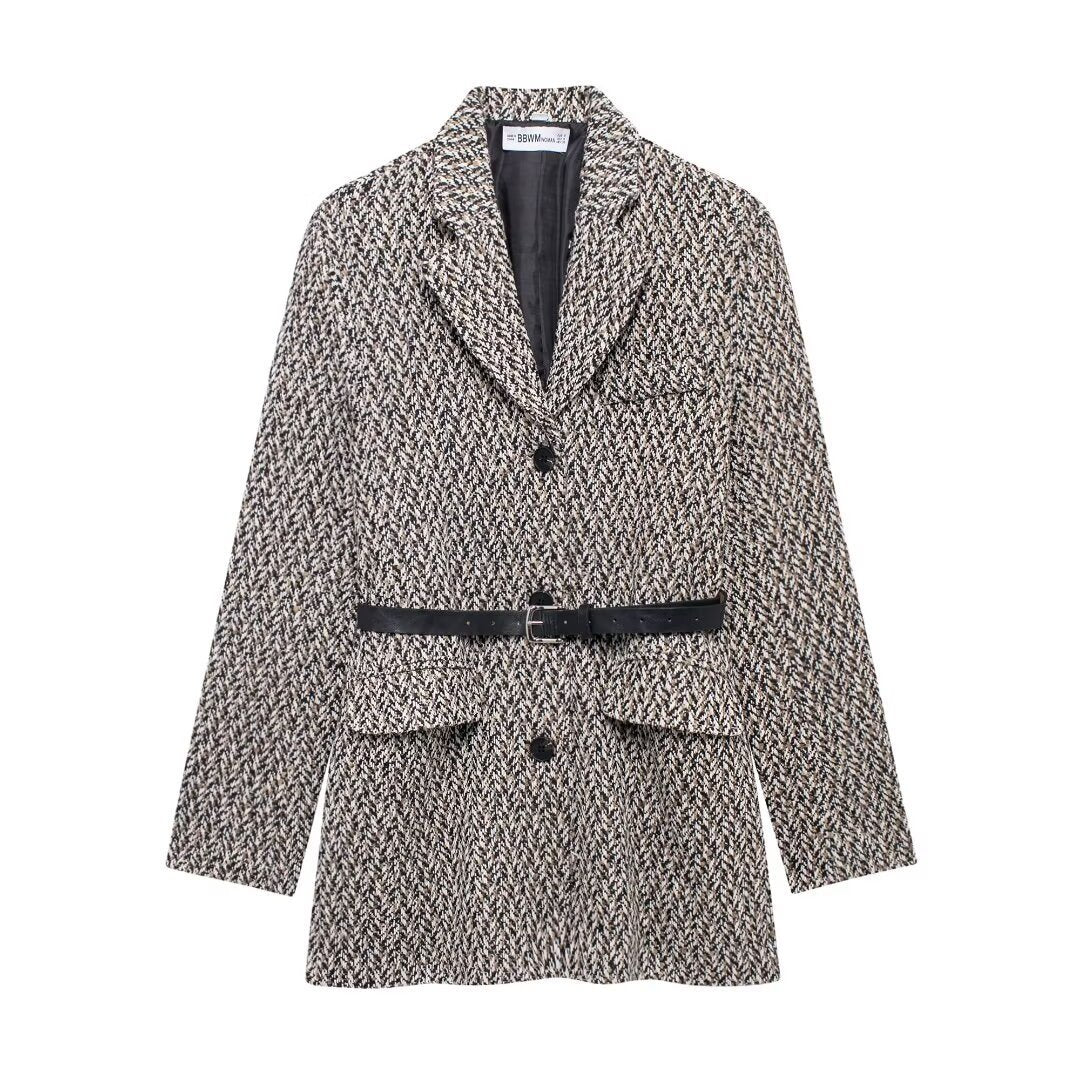 Damen Midilanger Bouclé-Tweed-Blazerjacke mit Lederimitat‑Gürtel Echo Archiv
