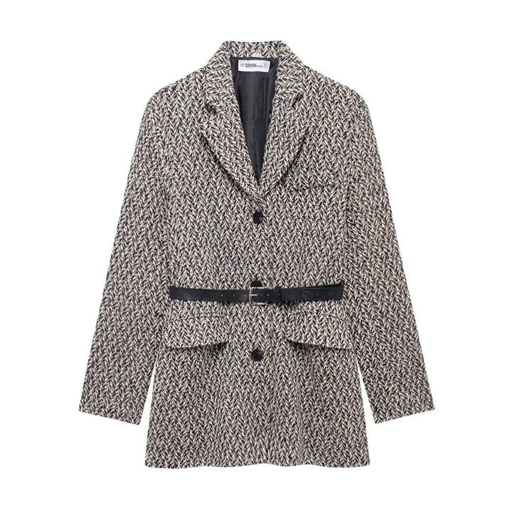 Damen Midilanger Bouclé-Tweed-Blazerjacke mit Lederimitat‑Gürtel Echo Archiv