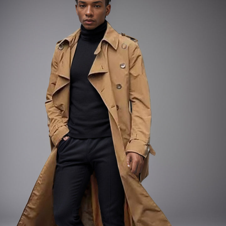 Herren eleganter Trenchcoat mit taillierbarem Gürtel und klassischen Details Echoarchiv