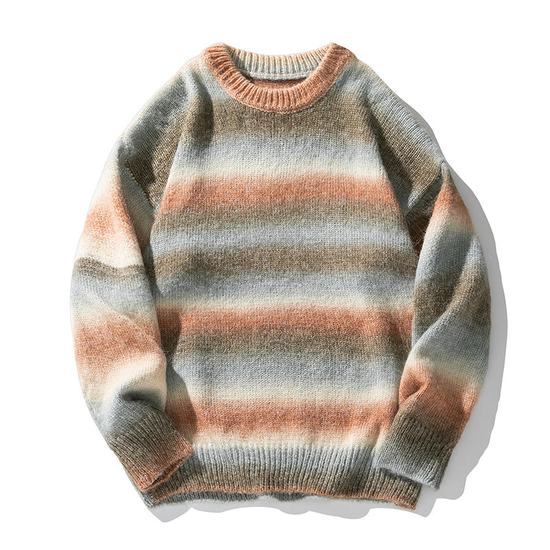 Unisex Oversize Mohair-Mix Rundhals-Pullover mit Farbverlaufstreifen und geripptem Saum Echo Archiv