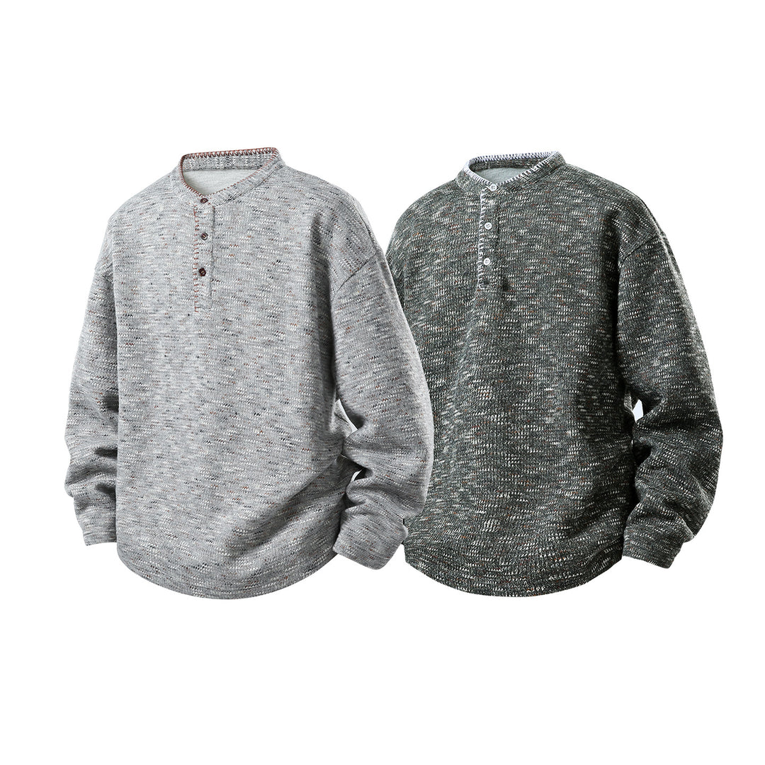Herren Melierter Strick-Henley-Pullover mit Stehkragen, lockerer Passform und Knopfleiste Echo Archiv