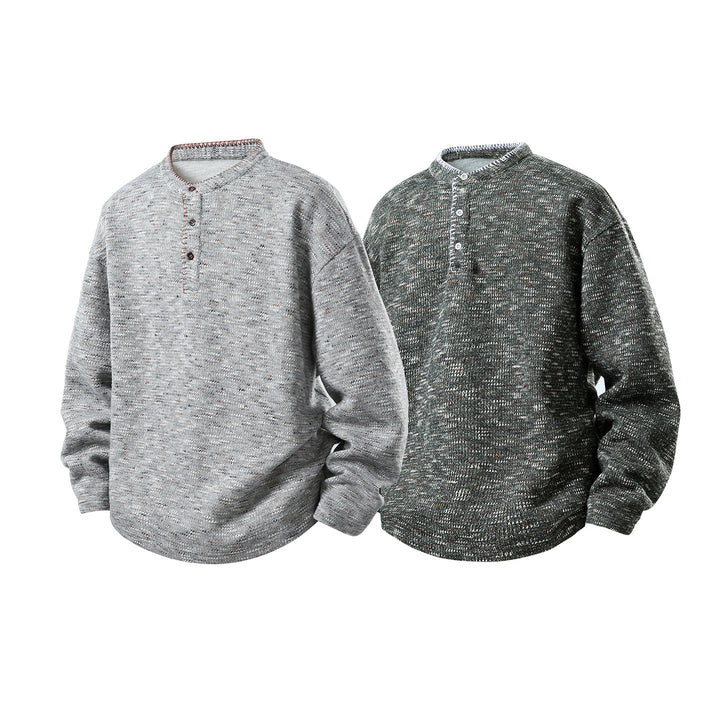 Herren Melierter Strick-Henley-Pullover mit Stehkragen, lockerer Passform und Knopfleiste Echo Archiv