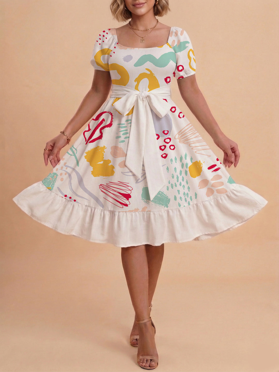 Damen Sommerkleid mit floralem Puffärmel und taillierbarem Gürtel Echo Archiv