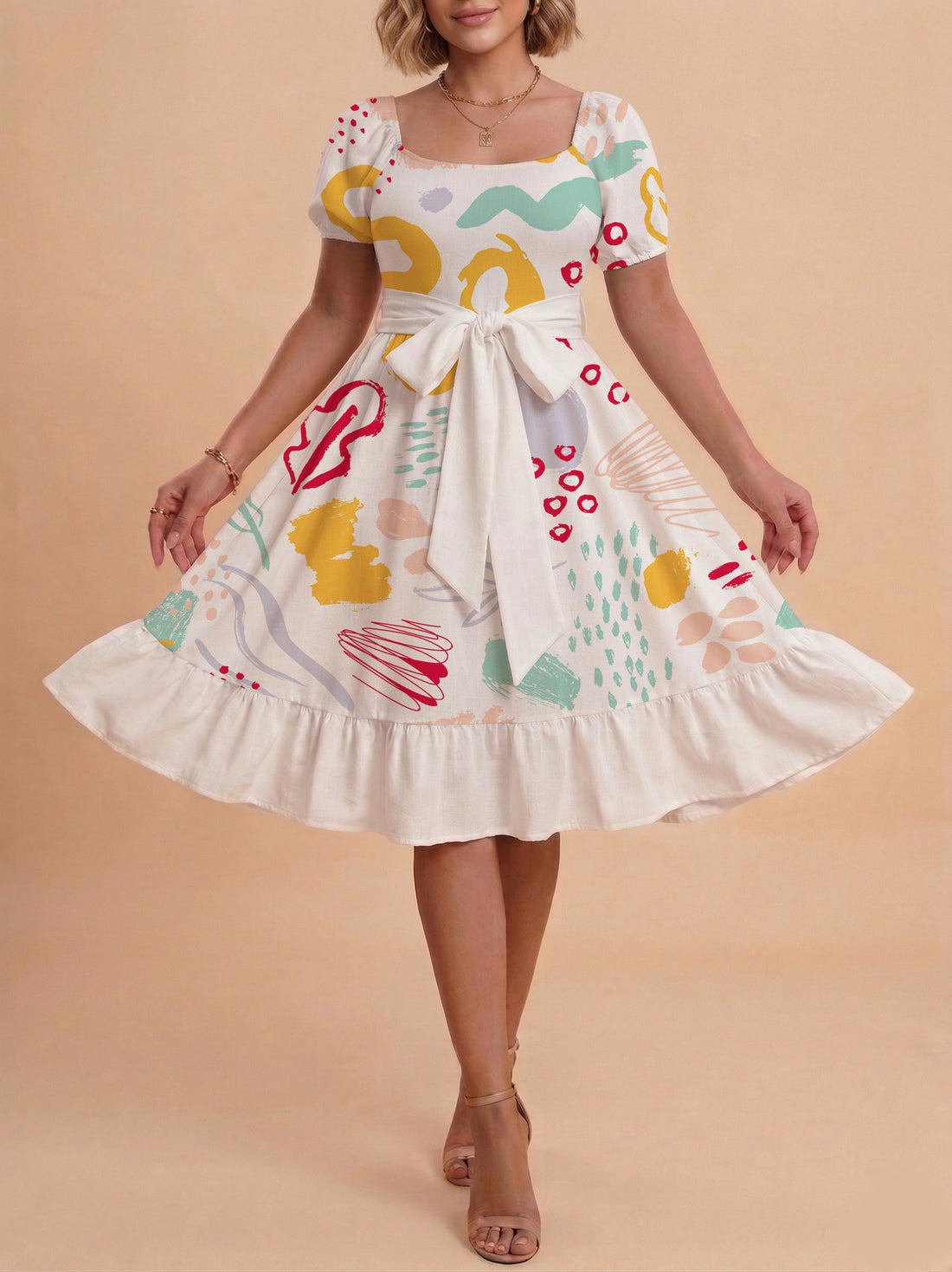 Damen Sommerkleid mit floralem Puffärmel und taillierbarem Gürtel – Lunéa