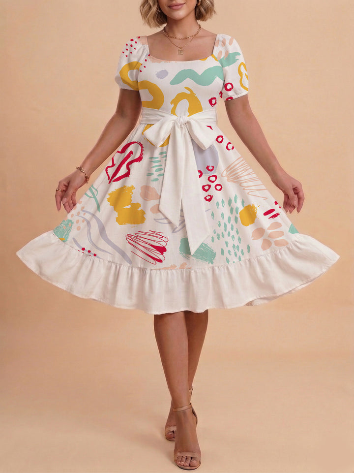 Damen Sommerkleid mit floralem Puffärmel und taillierbarem Gürtel Echo Archiv