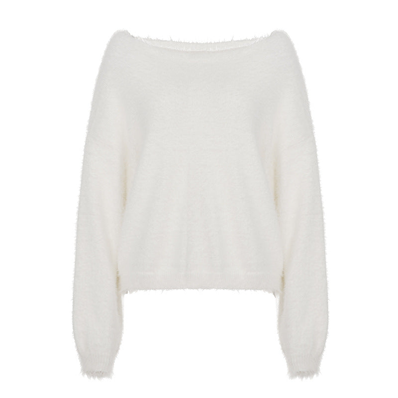 Damen nan oversized flauschiger Mohair-Blend Off-Shoulder Pullover mit Balloon-Ärmeln Echo Archiv