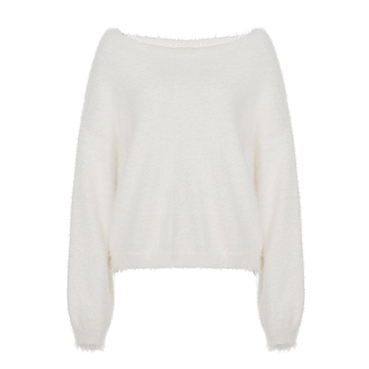 Damen nan oversized flauschiger Mohair-Blend Off-Shoulder Pullover mit Balloon-Ärmeln Echo Archiv