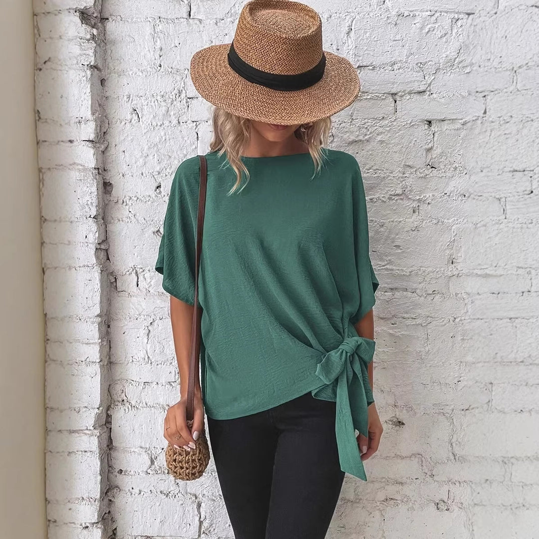 Damen Oversize Kurzarm-Top mit seitlicher Schleife und Crinkle-Struktur Echo Archiv