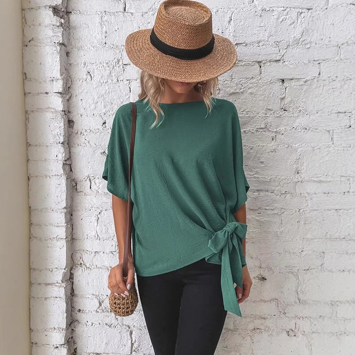 Damen Oversize Kurzarm-Top mit seitlicher Schleife und Crinkle-Struktur Echo Archiv