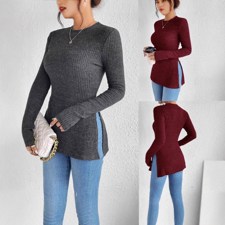Damen Gerippter Taillierter Feinstrick-Pullover mit Stehkragen, langen Ärmeln und Seitenschlitzen Echoarchiv
