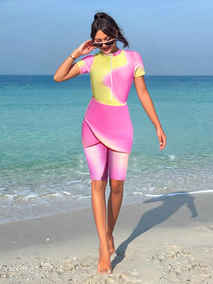 Damen modischer Sport-Schwimmanzug mit Zip und femininem Wickeldetail Echo Archiv