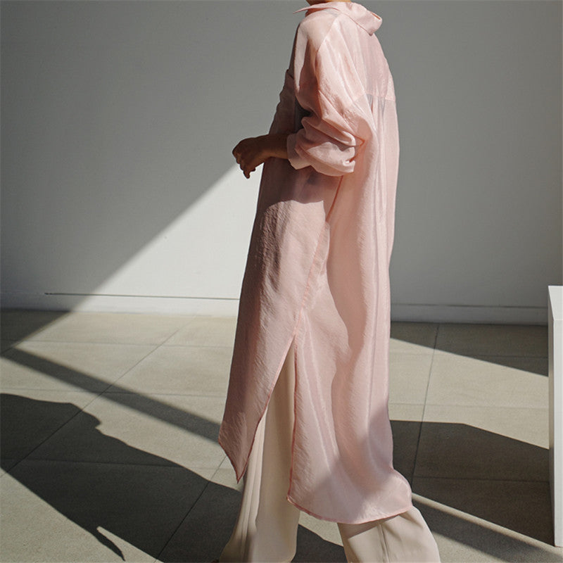 Damen Weites Oversize-Hemdblusenkleid mit Brusttasche und hohen Seitenschlitzen – Lunéa