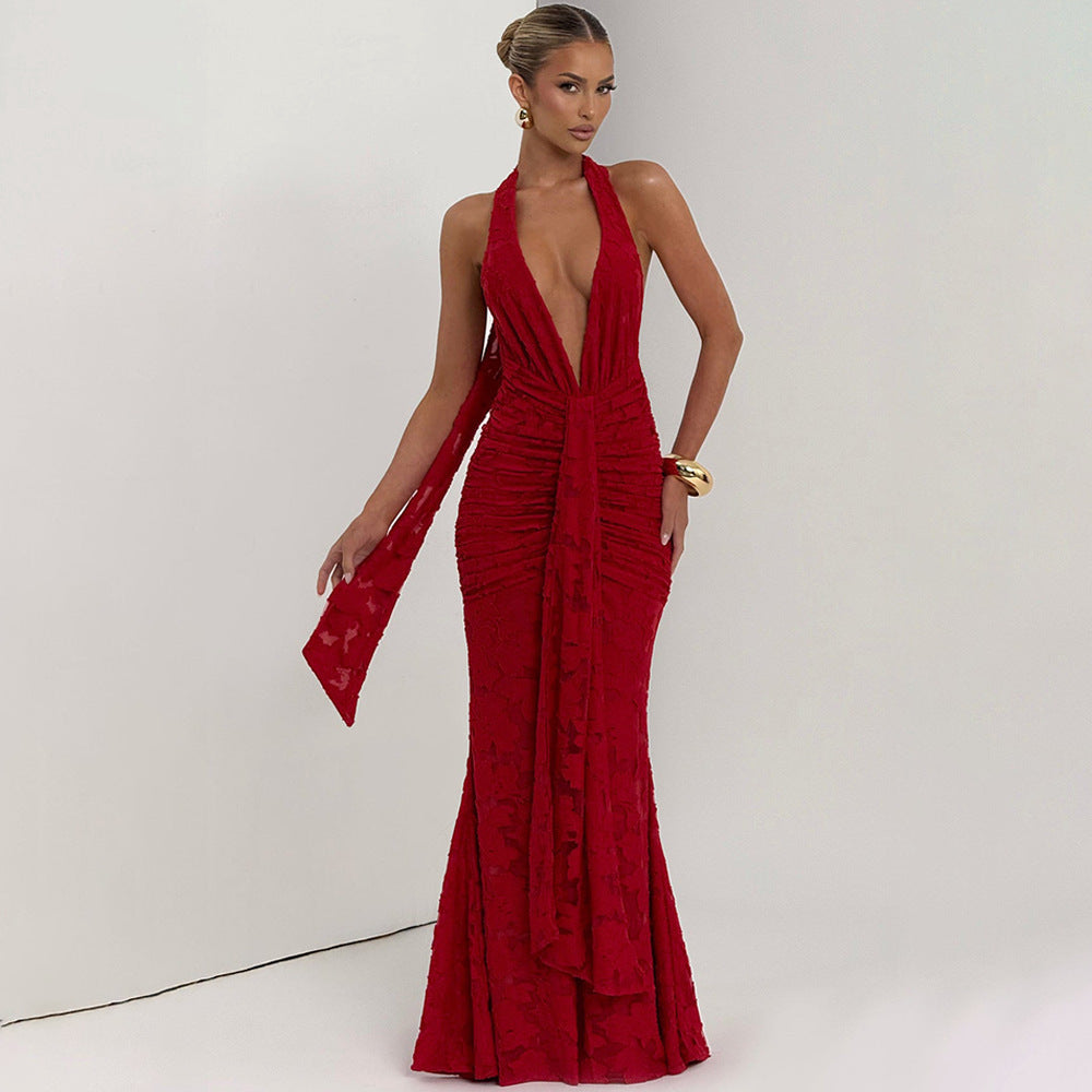 Damen Elegantes Maxikleid mit tiefem V-Ausschnitt und strukturierter Raffung Echo Archiv