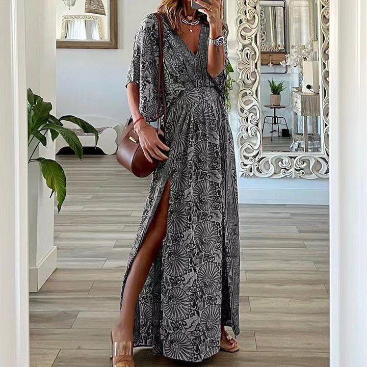 Damen Maxikleid im Boho-Stil mit Wickeleffekt, V-Ausschnitt und hohem Beinschlitz Echoarchiv