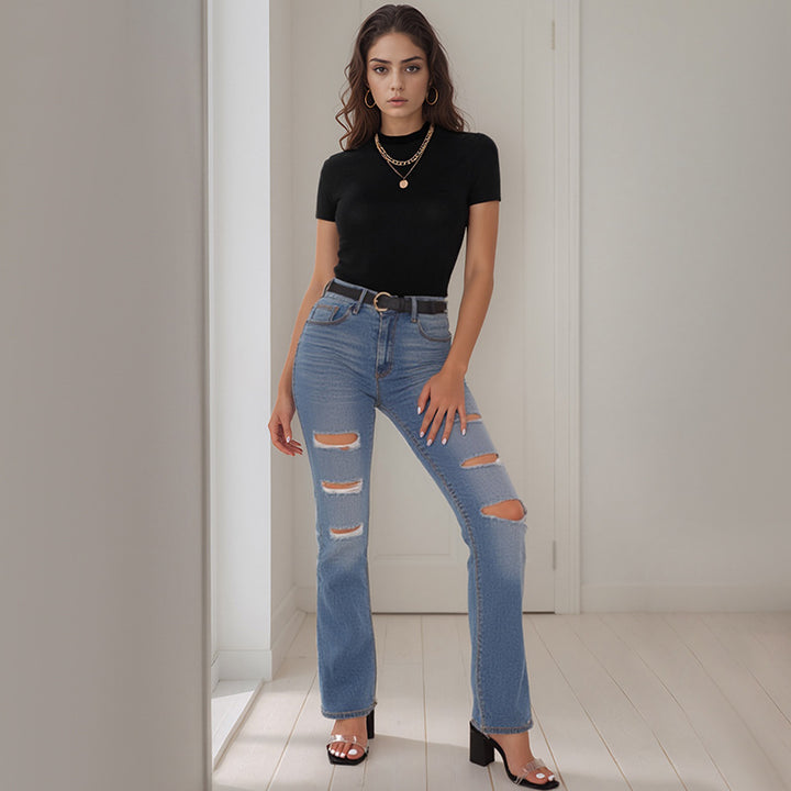 Damen High-Waist Straight-Jeans mit Destroyed-Kniepartie und schmaler Hüftpassform Echoarchiv