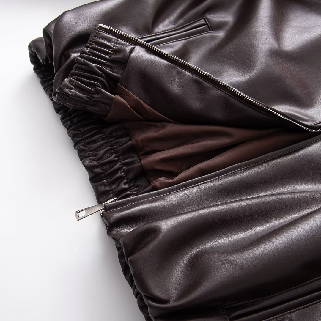 Damen Oversized Kunstleder-Blousonjacke mit Kragen, Reißverschluss und elastischem Saum Echoarchiv