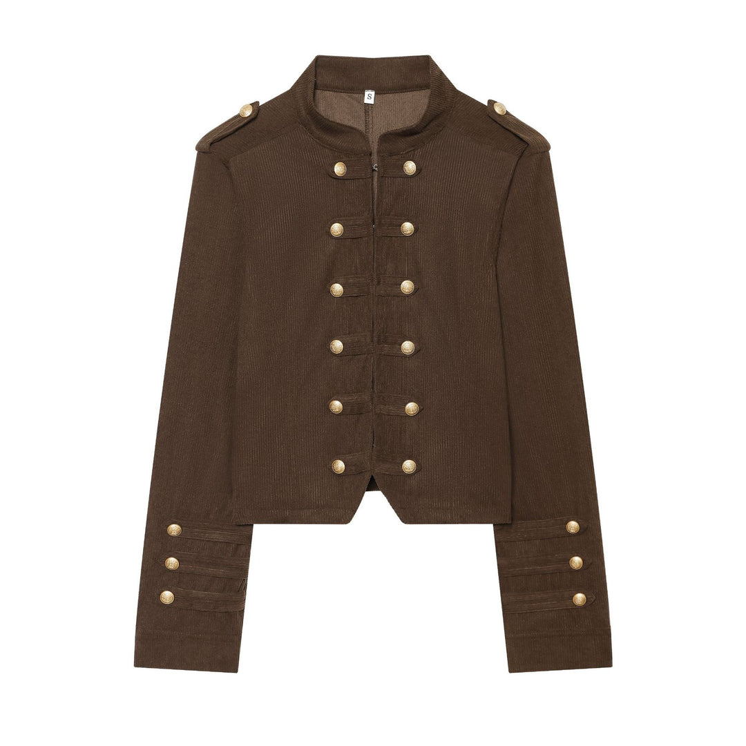 Damen taillierte Military-Jacke im Cord-Look mit Stehkragen und goldfarbener Zierknopfleiste – Célinea